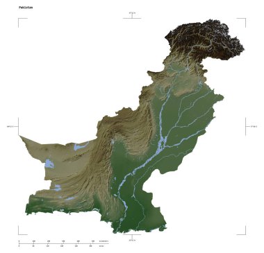 Pakistan 'ın göl ve nehirleriyle, uzaklık ölçeği ve harita sınır koordinatlarıyla beyaz üzerinde izole edilmiş soluk renkli bir yükseklik haritası.