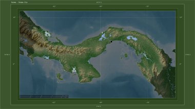 Panama, ülkenin başkenti, haritası, uzaklık ölçeği ve harita sınır koordinatlarıyla gölleri ve nehirleri gösteren açık renkli bir yükseklik haritasına vurgulandı