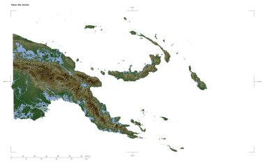 Papua Yeni Gine 'nin göl ve nehirlerinin bulunduğu açık renkli bir yükseklik haritası şekli, uzaklık ölçeği ve harita sınır koordinatları beyaz üzerinde izole edilmiş.