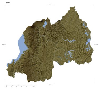Rwanda 'nın göl ve nehirleriyle, uzaklık ölçeği ve harita sınır koordinatlarıyla beyaz üzerinde izole edilmiş soluk renkli bir yükseklik haritası.