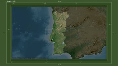 Portekiz, ülkenin başkenti, haritası, uzaklık ölçeği ve harita sınır koordinatlarıyla gölleri ve nehirleri gösteren açık renkli bir yükseklik haritasına vurgulandı