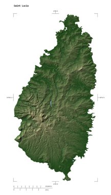 Saint Lucia 'nın gölleri ve nehirleri ile donuk renkli yükseklik haritası, uzaklık ölçeği ve harita sınır koordinatları, beyaz üzerinde izole