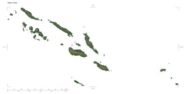 Solomon Adaları 'nın göl ve nehirlerinin bulunduğu, beyaz üzerinde izole edilmiş, uzaklık ölçeği ve harita sınır koordinatlarıyla donuk renkli bir yükseklik haritası.