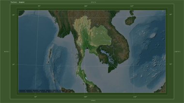 Tayland, ülkenin başkenti, haritası, uzaklık ölçeği ve sınır koordinatlarıyla gölleri ve nehirleri gösteren açık renkli bir yükseklik haritasına vurgulandı