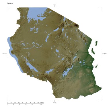 Tanzanya 'nın göl ve nehirleri, uzaklık ölçeği ve harita sınır koordinatlarıyla beyaz üzerinde izole edilmiş soluk renkli bir yükseklik haritası.