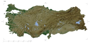 Uzaklık ölçeği ve harita sınır koordinatları beyaz üzerinde izole edilmiş, Türkiye 'nin göl ve nehirleri ile donuk renkli bir yükseklik haritası şekli