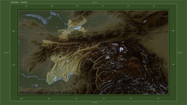 Tacikistan, ülkenin başkenti, haritası, uzaklık ölçeği ve sınır koordinatlarıyla gölleri ve nehirleri gösteren açık renkli bir yükseklik haritasına vurgulandı