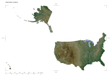 Amerika Birleşik Devletleri 'nin göl ve nehirlerinin bulunduğu açık renkli bir yükseklik haritası. Uzaklık ölçeği ve harita sınır koordinatları beyaz üzerinde izole edilmiş.