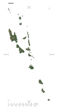 Vanuatu 'nun göl ve nehirlerinin bulunduğu açık renkli yükseklik haritası şekli, uzaklık ölçeği ve harita sınır koordinatları beyaz üzerinde izole edilmiş.