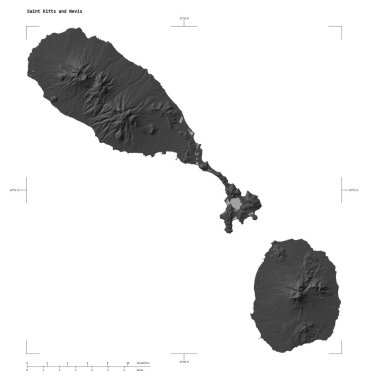 Saint Kitts ve Nevis 'in göl ve nehirlerinin yer aldığı çift seviyeli bir yükseklik haritası. Uzaklık ölçeği ve harita sınır koordinatları beyaz üzerinde izole edilmiş.