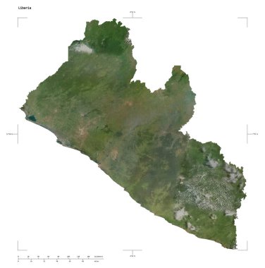 Liberya 'nın yüksek çözünürlüklü uydu haritasının şekli, uzaklık ölçeği ve harita sınır koordinatları, beyaz üzerinde izole edilmiş.