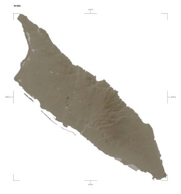 Aruba 'nın gölleri ve nehirleri ile sepya tonlarında renklendirilmiş bir yükseklik haritası şekli, uzaklık ölçeği ve harita sınır koordinatları, beyaz üzerine izole edilmiş