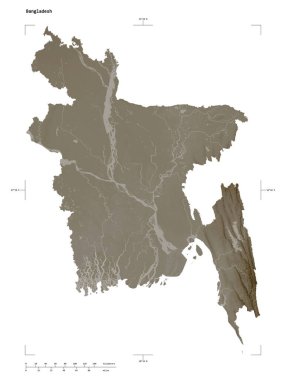 Bangladeş 'in göl ve nehirleri ile sepia tonlarında renklendirilmiş bir yükseklik haritası şekli, uzaklık ölçeği ve harita sınır koordinatları, beyaz üzerine izole edilmiş