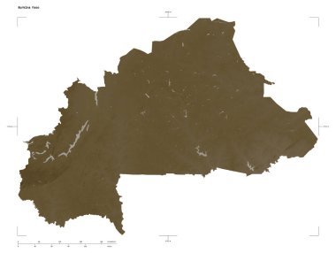 Burkina Faso 'nun göl ve nehirleri ile sepia tonlarında renklendirilmiş bir yükseklik haritası şekli, uzaklık ölçeği ve harita sınır koordinatlarıyla, beyaz üzerine izole edilmiş