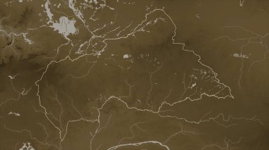 Orta Afrika Cumhuriyeti, sepia tonlarında göller ve nehirlerle renklendirilmiş bir yükseklik haritasında özetlenmiştir.