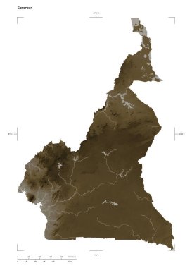 Uzaklık ölçeği ve harita sınır koordinatları ile, Kamerun gölleri ve nehirleri ile sepya tonlarında renklendirilmiş bir yükseklik haritası şekli, beyaz üzerinde izole