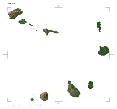 Cabo Verde 'nin göl ve nehirleri ile donuk renkli yükseklik haritası şekli, uzaklık ölçeği ve harita sınır koordinatlarıyla, beyaz üzerinde izole edilmiş.
