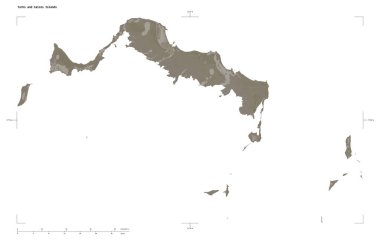 Türkler ve Caicos Adaları 'nın göl ve nehirleri ile sepya tonlarında renklendirilmiş bir yükseklik haritası şekli, uzaklık ölçeği ve harita sınır koordinatlarıyla beyaz üzerinde izole edilmiş