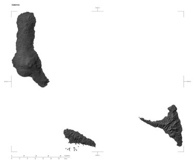 Komoros 'un göl ve nehirleriyle, uzaklık ölçeği ve harita sınır koordinatlarıyla beyaz üzerinde izole edilmiş çift seviyeli bir yükseklik haritasının şekli