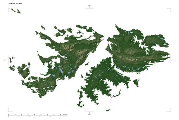 stock image Shape of a Pale colored elevation map with lakes and rivers of the Falkland Islands, with distance scale and map border coordinates, isolated on white