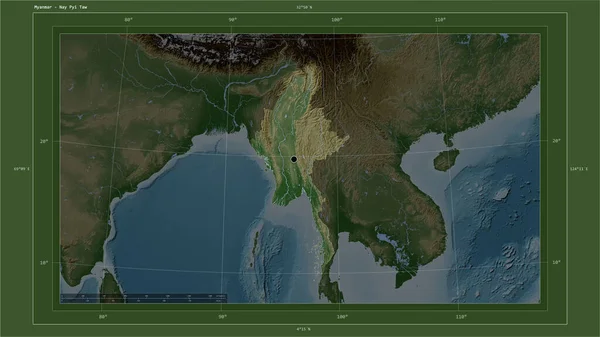 Myanmar Destaca Mapa Elevación Color Pálido Con Lagos Ríos Mapa — Foto de Stock