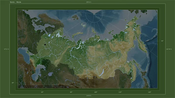 Rusya, ülkenin başkenti, haritası, uzaklık ölçeği ve sınır koordinatlarıyla gölleri ve nehirleri gösteren açık renkli bir yükseklik haritasına vurgulandı