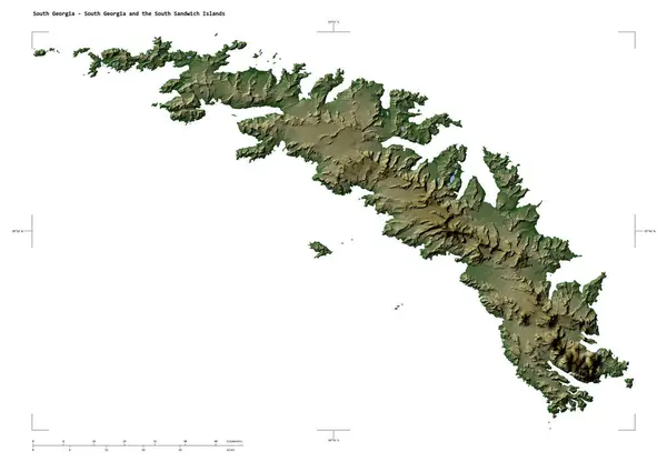 stock image Shape of a Pale colored elevation map with lakes and rivers of the South Georgia - South Georgia and the South Sandwich Islands, with distance scale and map border coordinates, isolated on white