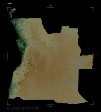 Angola 'nın gölleri ve nehirleri olan, uzaklık ölçeği ve harita sınır koordinatlarıyla izole edilmiş renkli bir yükseklik haritası.