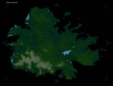 Antigua ve Barbuda 'nın gölleri ve nehirleri, uzaklık ölçeği ve harita sınır koordinatlarıyla siyah üzerine izole edilmiş renkli bir yükseklik haritası.