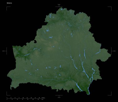 Shape of a Colored elevation map with lakes and rivers of the Belarus, with distance scale and map border coordinates, isolated on black