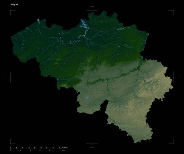 Belçika 'nın göl ve nehirleri, uzaklık ölçeği ve harita sınır koordinatlarıyla siyah üzerine izole edilmiş renkli bir yükseklik haritasının şekli