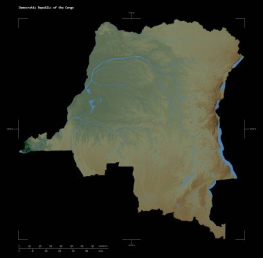Kongo Demokratik Cumhuriyeti 'nin gölleri ve nehirleriyle, uzaklık ölçeği ve harita sınır koordinatlarıyla siyah üzerine izole edilmiş renkli bir yükseklik haritası.