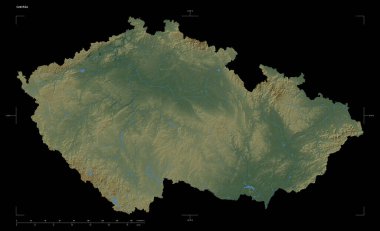 Siyah üzerinde izole edilmiş, uzaklık ölçeği ve harita sınır koordinatlarıyla Çek gölleri ve nehirleri olan renkli bir yükseklik haritası.