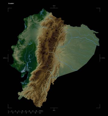 Ekvador 'un göl ve nehirleri, uzaklık ölçeği ve harita sınır koordinatlarıyla siyah üzerine izole edilmiş renkli bir yükseklik haritasının şekli