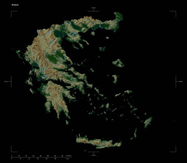 Yunanistan 'ın göl ve nehirleri, uzaklık ölçeği ve harita sınır koordinatlarıyla siyah üzerine izole edilmiş renkli bir yükseklik haritasının şekli