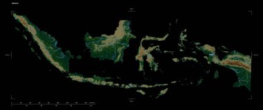 Endonezya 'nın göl ve nehirlerinin olduğu renkli bir yükseklik haritası şekli, uzaklık ölçeği ve harita sınır koordinatları, siyah üzerine izole edilmiş.