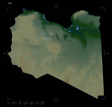 Libya 'nın göl ve nehirleri, uzaklık ölçeği ve harita sınır koordinatlarıyla izole edilmiş renkli bir yükseklik haritası.