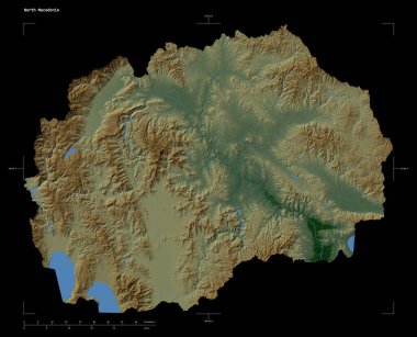 Kuzey Makedonya 'nın gölleri ve nehirleriyle, uzaklık ölçeği ve harita sınır koordinatlarıyla, siyah üzerine izole edilmiş renkli bir yükseklik haritasının şekli