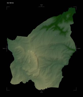 San Marino 'nun göl ve nehirlerinin olduğu renkli bir yükseklik haritası şekli, uzaklık ölçeği ve harita sınır koordinatları, siyah üzerine izole edilmiş.