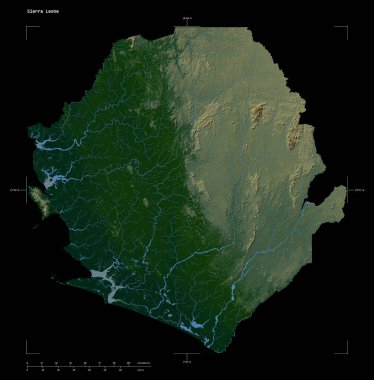 Sierra Leone 'nin göl ve nehirlerinin olduğu renkli yükseklik haritasının şekli, uzaklık ölçeği ve harita sınır koordinatlarıyla, siyah üzerine izole edilmiş.