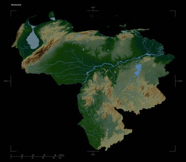 Venezuela 'nın göl ve nehirlerinin olduğu renkli bir yükseklik haritası şekli, uzaklık ölçeği ve harita sınır koordinatları, siyah üzerine izole edilmiş.