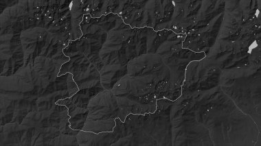 Andorra, gölleri ve nehirleri olan bir Gri Tonlama yükseklik haritasında özetlenmiştir.