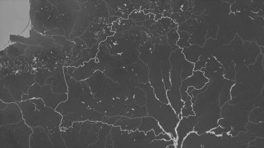 Belarus outlined on a Grayscale elevation map with lakes and rivers