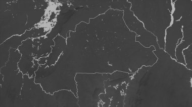 Burkina Faso, gölleri ve nehirleri olan bir Gri Tonlama yükseklik haritasında ana hatlarını çizdi.