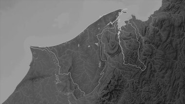 Brunei, gölleri ve nehirleri olan bir Gri Tonlama yükseklik haritasında özetlenmiştir.