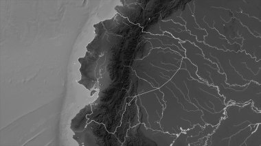 Ekvador, gölleri ve nehirleri olan bir Gri Tonlama yükseklik haritasında özetlenmiştir.
