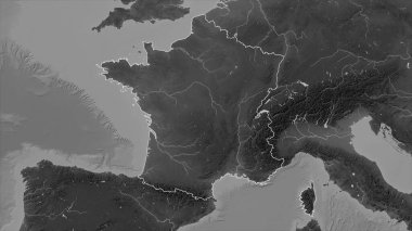 Fransa, gölleri ve nehirleri olan bir Gri tonlama yükseklik haritasında özetlenmiştir.