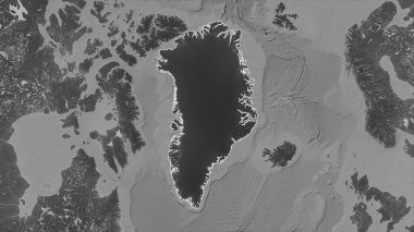 Grönland, gölleri ve nehirleri olan bir Gri Tonlama yükseklik haritasında özetlenmiştir.