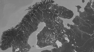 Finlandiya, gölleri ve nehirleri olan gri ölçekli bir yükselme haritasında özetlenmiştir.