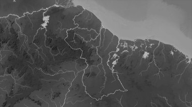Guyana, gölleri ve nehirleri olan bir Gri Tonlama yükseklik haritasında ana hatlarını çizdi